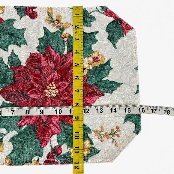 Poinsettia Christmas Placemats Set 4 Cloth Textured Red Green Octagon 16x12 - Picture 9 of 9